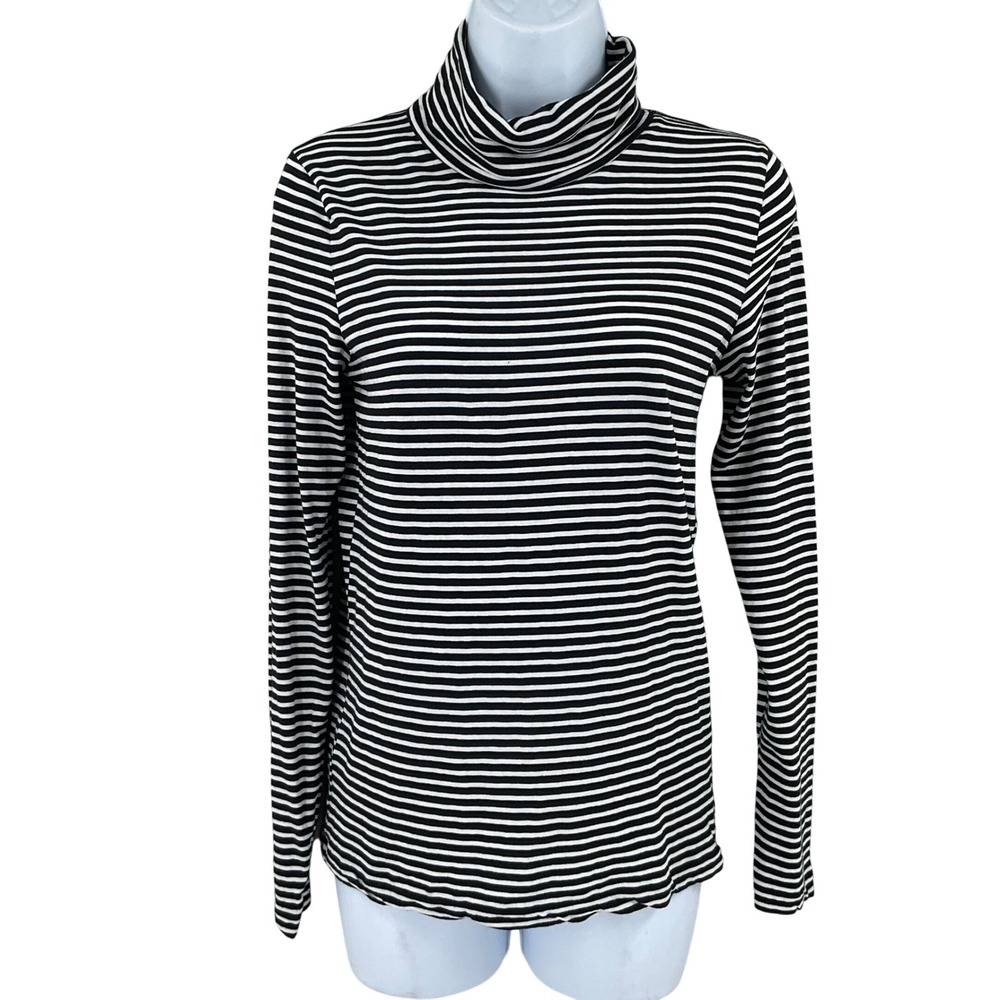J.Crew Turtleneck Top Women S Black White Striped Classic Minimalist Parisian